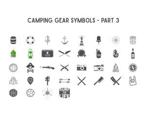 Set of silhouette icons and shapes with different outdoor gear, camping symbols for creating adventure logo, badge designs, use in infographics, posters as so on. Isolated white.Part 3