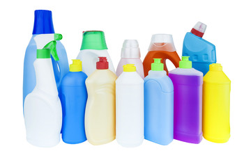 multicolored bottles with household chemicals