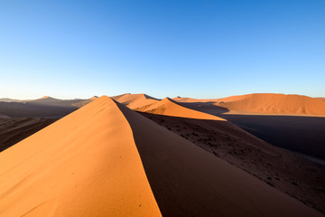 Naklejka na ściany i meble Panoramic view of red sand dunes in Sossusvlei near Sesriem in famous Namib Desert in Namibia, Africa. Sossusvlei is a popular tourist destination, the dunes are amongst the highest in the world.