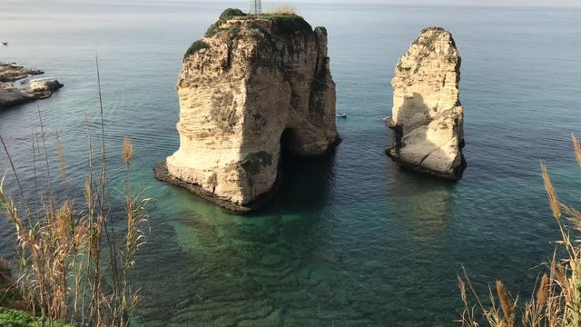 Beirut, Lebanon: General view of Pigeon Rocks the iconic natural landmark and major tourist attraction.
