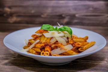Food on a plate, on a wooden background.Food detail