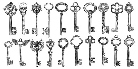 Big set of retro keys, vintage style. Key collection illustration for antiques decoration.  Ornamental medieval collection. Hand drawn old realistic design Vector. - obrazy, fototapety, plakaty