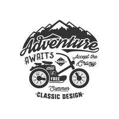 Vintage wanderlust hand drawn label design. Adventure Awaits sign and outdoor activity symbols - mountains, bike. Retro monochrome emblem. Isolated on white background. typography insignia