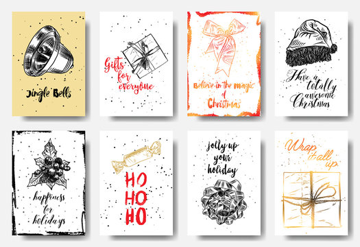 Christmas hand drawn cards with calligraphy Jingle Bells, Gift for everyone, Believe in the magic, totally awesome Christmas, Happiness for Holidays, Ho Ho Ho, jolly up your holiday. Vector.