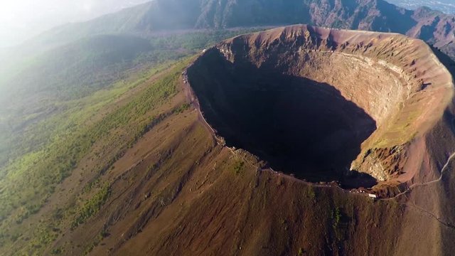 Aerial view, Full crater of the volcano Vesuvius, Italy, Naples, Epic volcano footage from height
