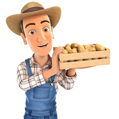 3d farmer holding crate of potatoes