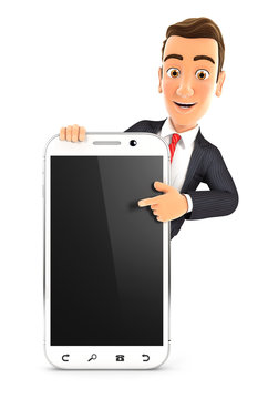 3d businessman pointing to blank smartphone