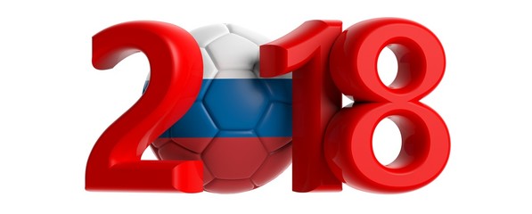 New year 2018 with Russia flag soccer football ball on white background. 3d illustration