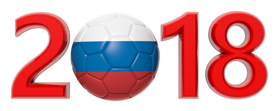 New year 2018 with Russia flag soccer football ball on white background. 3d illustration