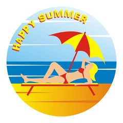 Happy summer, woman on beach deck and parasol,vector icon