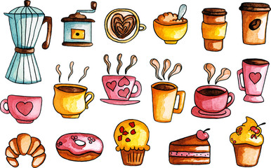 Hand Drawn Watercolor, Coffee Illustrations Set