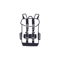Vintage hand drawn backpack shape in monochrome engrave line style. Adventure icon, pictogram. Camping hipster survival style. Stock isolated on white background
