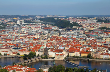 Fototapeta na wymiar aerial view of Prague City in Czech Republic with charles bridge
