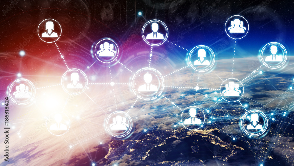 Poster Digital social network on planet Earth 3D rendering