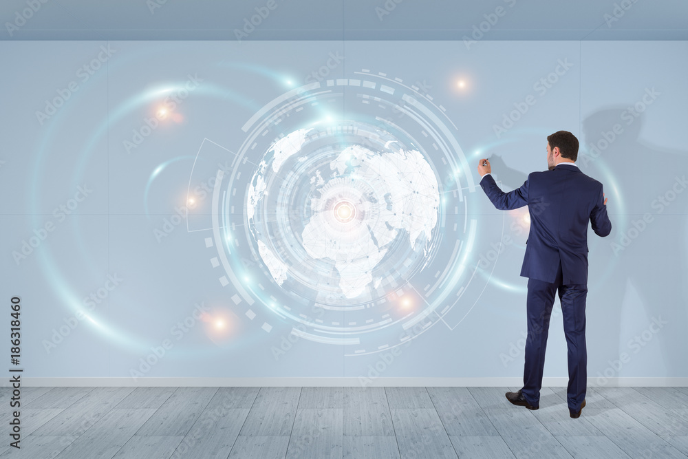 Poster businessman using digital planet earth interface on a wall 3d rendering