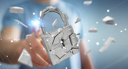 Businessman hacking in broken padlock security 3D rendering