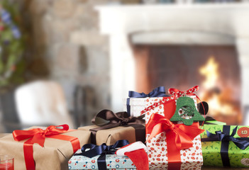 gift boxes infront of fireplaces