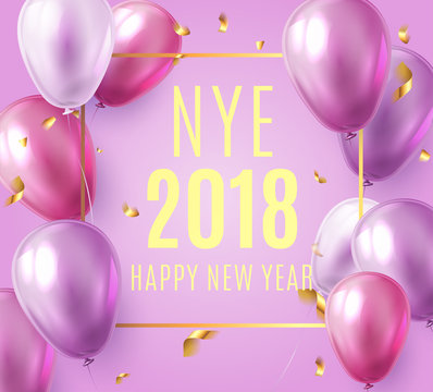 Vector stock elegant purple violet balloon party happy new year celebration festival background. NYE 2018 confetti greeting background with helium shine gold and pink balloon. Rich, VIP, luxury.