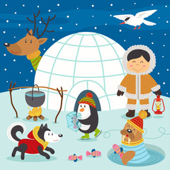 Naklejka premium Eskimo boy and arctic animals on North Pole - vector illustration, eps 