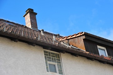 Edelstahl-Taubenabwehr-Spikes als Leisten auf einem mit Ziegeln gedeckten Dach angebracht