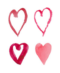 Hand-drawn Four watercolor stylized hearts. Can be used as single element or in compositions. Perfectly for use in polygraphy gift cards, wrapping paper etc.