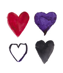 Hand-drawn Four watercolor stylized hearts. Can be used as single element or in compositions. Perfectly for use in polygraphy gift cards, wrapping paper etc .