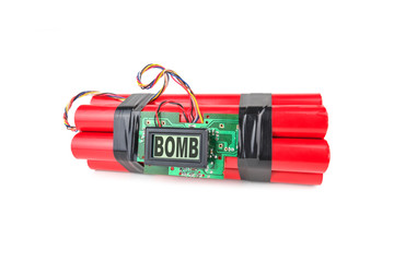 Red bomb with digital timer isolated on white background