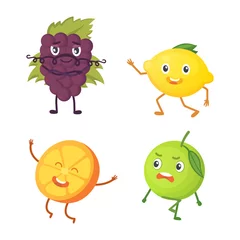 Fotobehang Set of cute cartoon fruit. Vector illustration with funny characters. Funny fresh food time. © denis08131