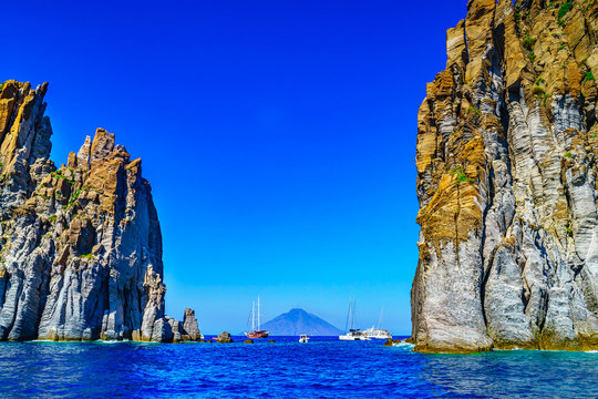 eolian island, landscape with rocks close to Stromboli volcano, Sicily