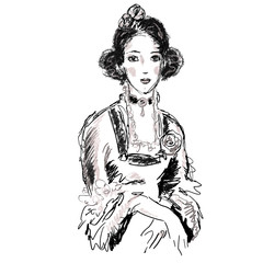 Female portrait in antique style. Hand drawn young charming lady in ball gown of victorian era for design, prints, posters, illustrations, banners, advertising, articles, decor