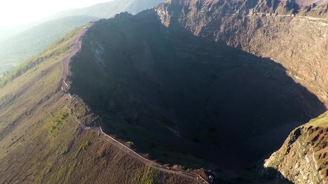 Aerial view, Full crater of the volcano Vesuvius, Italy, Naples, Epic volcano footage from height