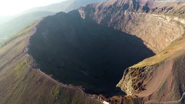 Aerial view, Full crater of the volcano Vesuvius, Italy, Naples, Epic volcano footage from height