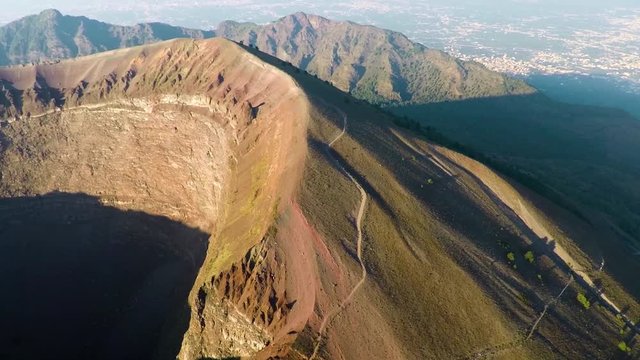Aerial view, Full crater of the volcano Vesuvius, Italy, Naples, Epic volcano footage from height