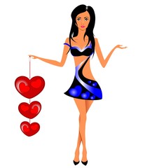 beautiful girl with long black hair in a black dress with hearts valentines