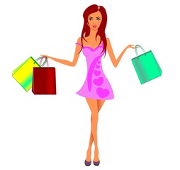 beautiful girl with long hair in a pink dress with purchases