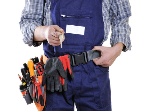 Young electrician technician in clothes and work tools isolated on white background.