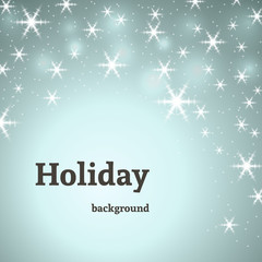 Holiday blue decoration background with stars, glitter and white winter snowflakes. Bright xmas card. Merry Christmas and Happy New Year celebration abstract design. Vector illustration