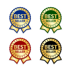 Ribbons award best seller set. Gold ribbon award icon isolated white background. Bestseller golden tag sale label, badge, medal, guarantee quality product, business certificate. Vector illustration