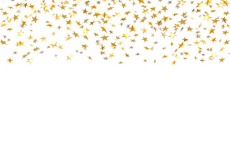 Gold stars confetti celebration isolated on white background. Falling golden stars abstract pattern decoration. Glitter confetti Christmas card, New Year celebration. Shiny rain. Vector illustration