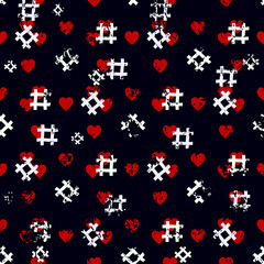 Red heart and white Hashtag seamless on black background. Hashtag random seamless pattern