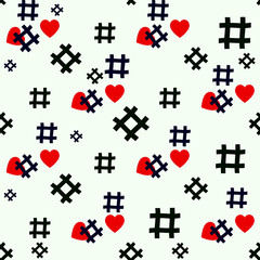 Hashtag Seamless . Seamless abstract vector pattern. black hashtag and red heart signs put randomly on white background. Social media theme.