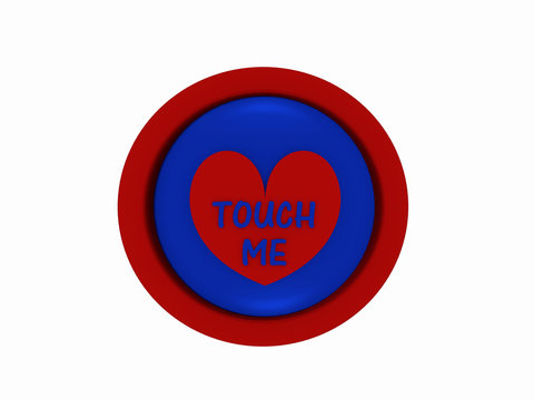 runder Button in rot-blau mit Herzchen und dem Text "touch me"
