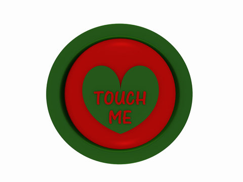 runder Button in rot-grün mit Herzchen und dem Text "touch me"