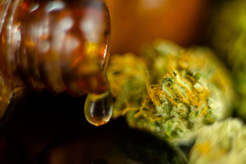 Medical Oil Drop of Cannabis - brown apothecary jar with oil drop and marijuana flower on the brown...