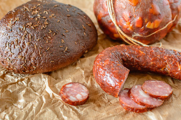 Traditional Lithuanian sausage and bread