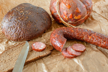 Traditional Lithuanian sausage and bread