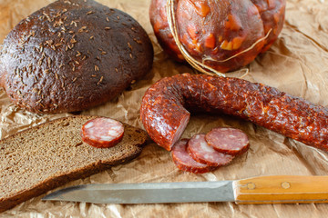 Traditional Lithuanian sausage and bread