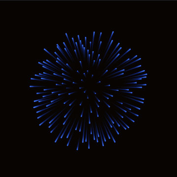 Beautiful blue firework. Bright firework isolated on black background. Light blue decoration firework for Christmas, New Year celebration, holiday, festival, birthday card. Vector illustration