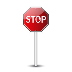 Stop traffic road sign. Prohibited red road sign isolated on white background Glossy. No transportation attention icon. Guidepost metal pole. Streetroad warning icon. Vector illustration