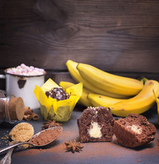 banana muffin with a filling cut in half
